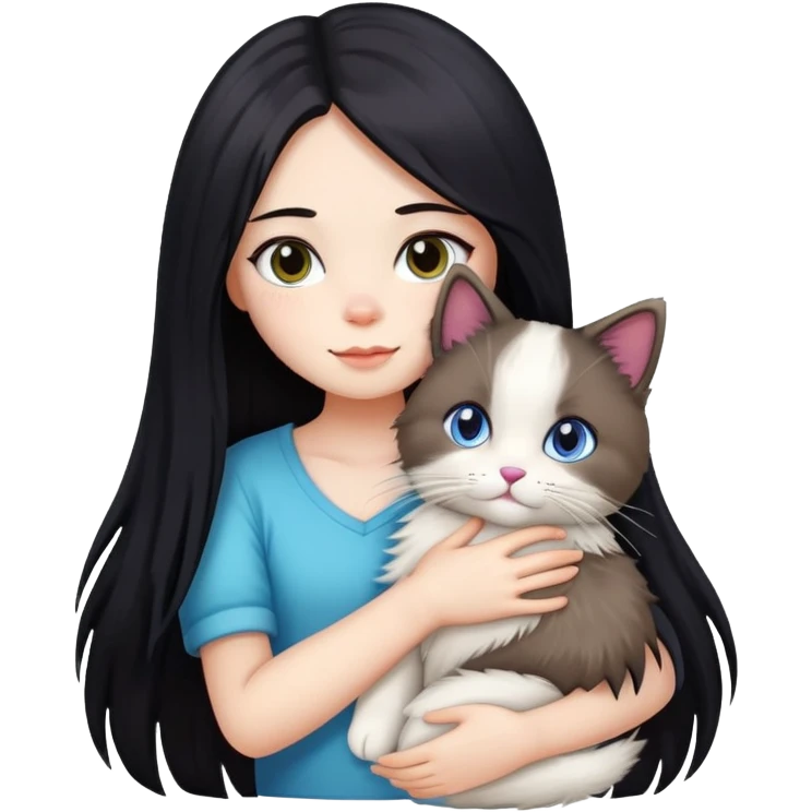 Girl with straight black long hair hugging a colorpoint ragdoll plush toy and a tricolor long-haired cat emoji