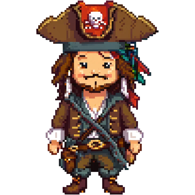 Make Jack Sparrow smile with a cheerful expression, keeping the pixel art pirate style, simplified outfit, tricorn hat, and signature beard. Maintain the pixel art style and simplified details. emoji