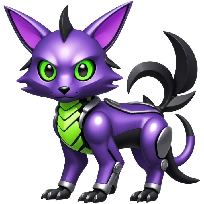 Futuristic modern mechanical badass cool shiny metallic alloy black-obsidian purple neon-green white lime animal hybrid Fakemon full body emoji
