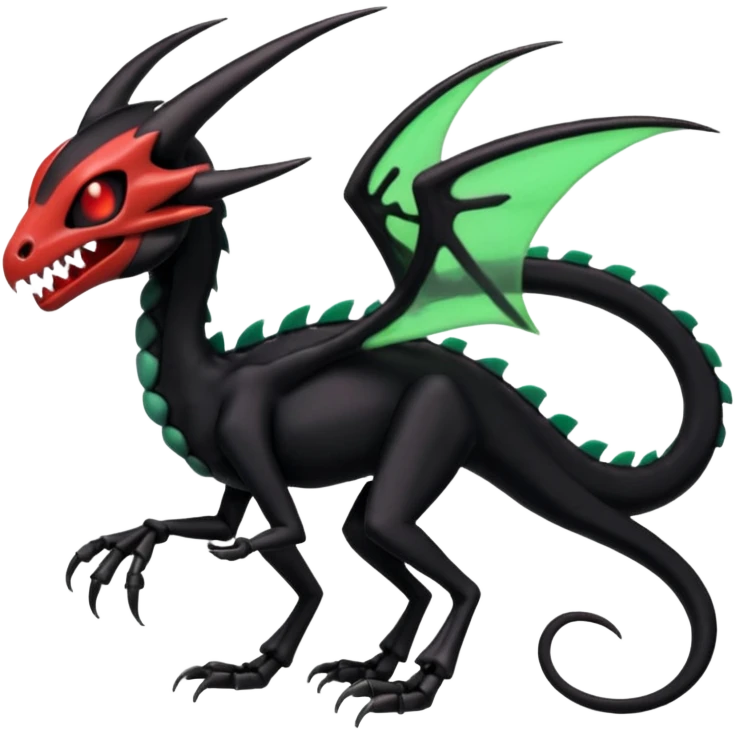 Obsidian-black and neon-glowing-green skeletal Meloetta-Salandit-Noivern-Salazzle-Pokémon-Fakémon-creature-fusion-hybrid with glowing crimson-red evil slit eyes emoji