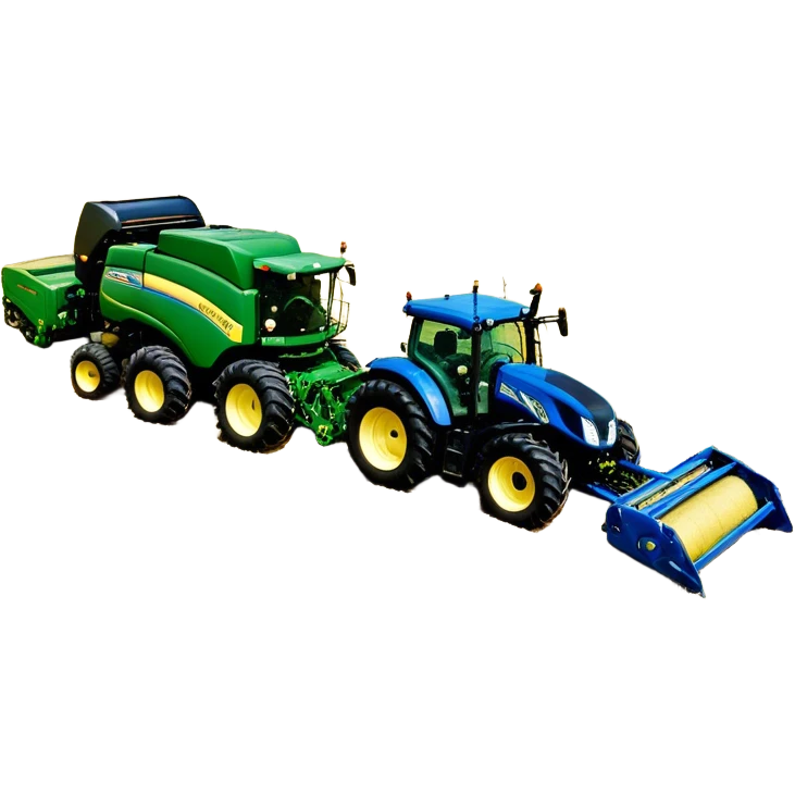 Baler – New Holland Roll-Belt 560 (2018) – Cinematic-realistic John Deere 6155M tractor towing a New Holland Roll-Belt 560 baler, its deep green body contrasting with the bright blue baler. The massive machine moves steadily through golden fields, compressing freshly cut hay into tight round bales, while dust swirls under the blazing afternoon sun. emoji