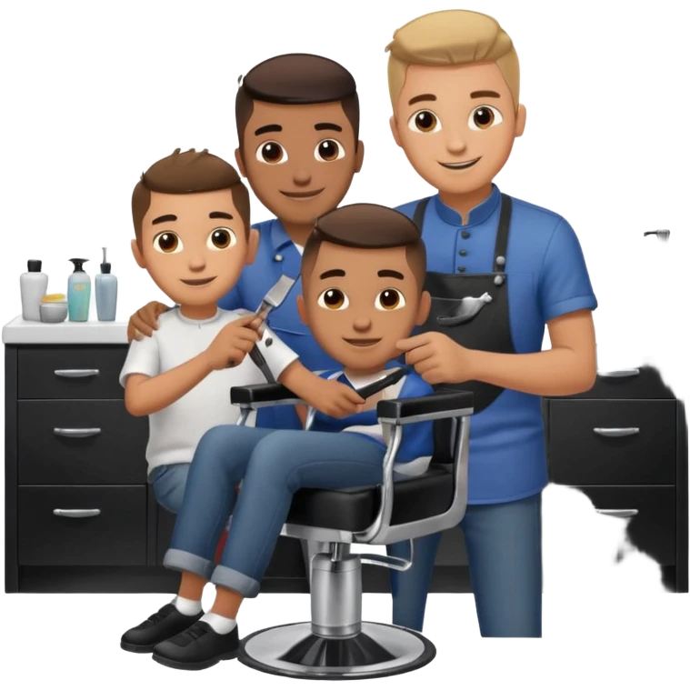 Barber cutting teenage boys hair. Show the boy sat in black barber chair and both having smiles on their faces emoji