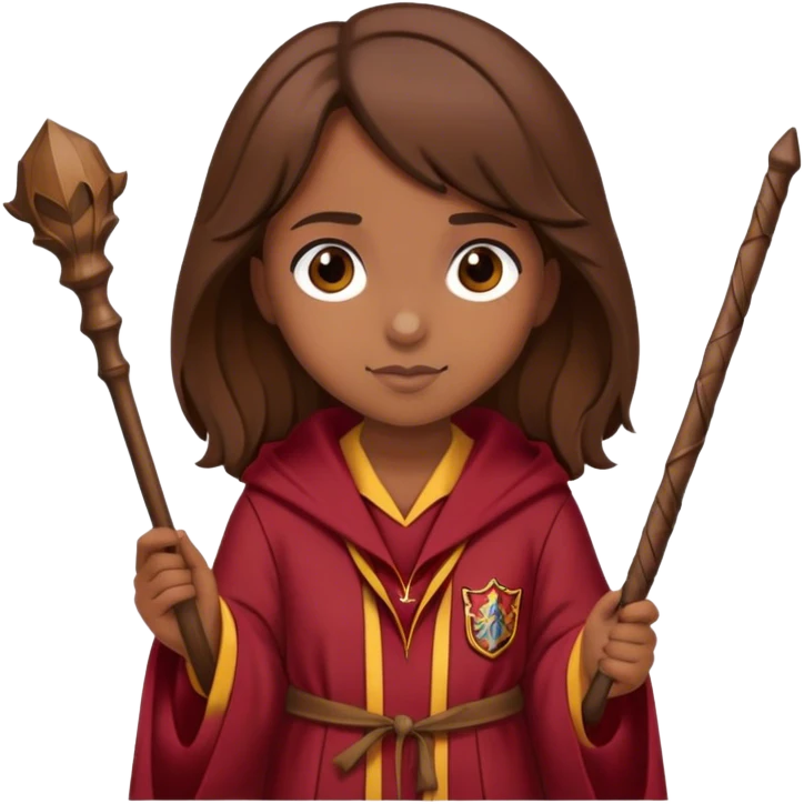 Girl with Girls Brown hair and a gryffindor Robe and a small wooden wand emoji