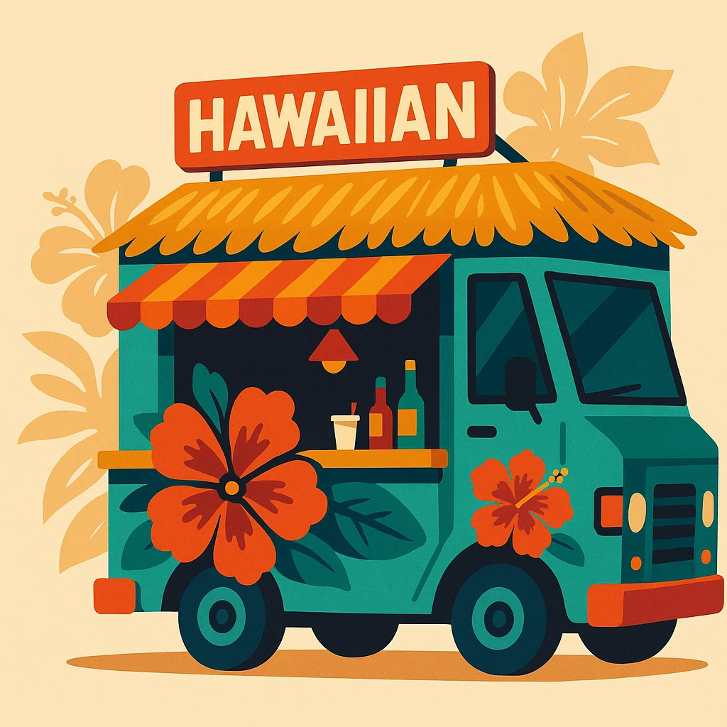flat toon style Hawaiian food truck with bold colors and hibiscus accents emoji