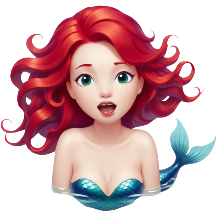 Cinematic Realistic Red Hair Mermaid Portrait, head tilted slightly with a dramatic, wide-open yawn, revealing a tender, relaxed visage with delicately detailed porcelain skin and vibrant, cascading red hair softly billowing around her. Her dreamy eyes exude a serene, aquatic charm, rendered with gentle underwater lighting and high shine—capturing the essence of a drowsy yet mesmerizing mermaid drifting into a tranquil slumber beneath the sea. emoji