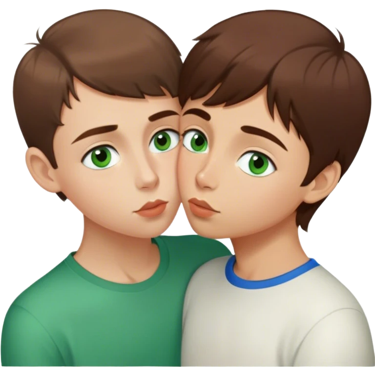 A girl with brown hair, blue eyes and thin lips kisses a Russian boy with short hair and green eyes emoji