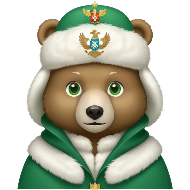 Cute stylized bear with green eyes, white fur hat with basic Russian coat of arms featuring double-headed eagle, minimalist iOS emoji style emoji