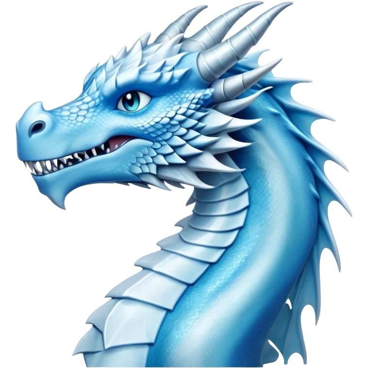 Cinematic Noble elegant Ice Dragon Portrait Emoji, Poised and imposing, distinct long elegant snout, with a slender, scaled body shimmering in glacial hues of icy blue, frostbitten silver, and crystalline white, breathing out frost, with piercing, glowing ice blue white eyes that radiate the chilling depths of an arctic storm; rendered in detail. emoji