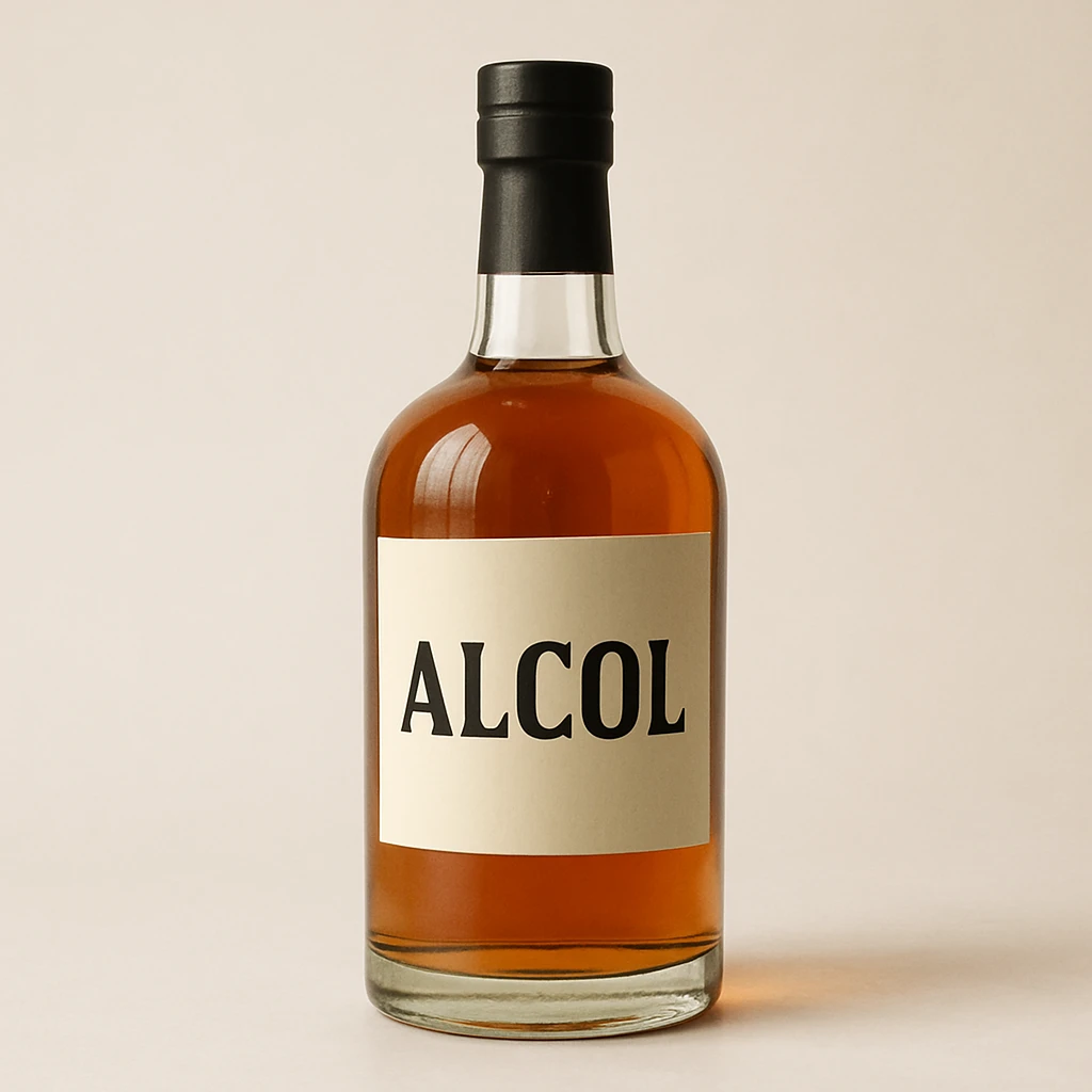 photo realistic bottle of alcohol on light background with the word 'alcol' in Italian emoji