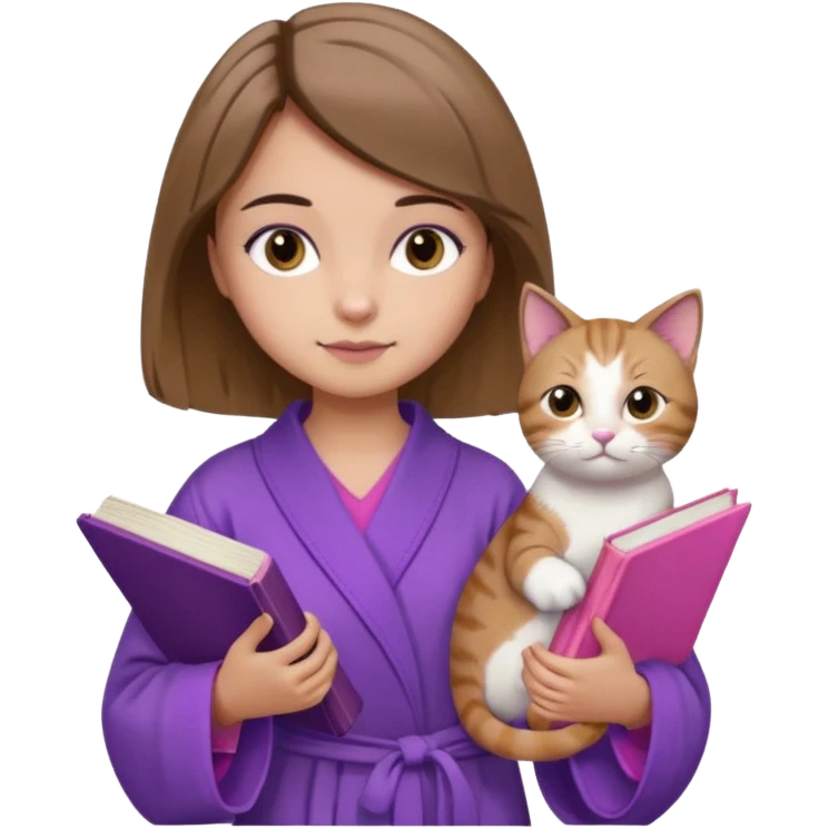 Девушка с короткими волосами до плеч русого цвета, с черными бровями, карие глаза, у неё фиолетовый халат, стоит в полный рост, в руках она держит розовую книгу, а возле ноги кот  emoji