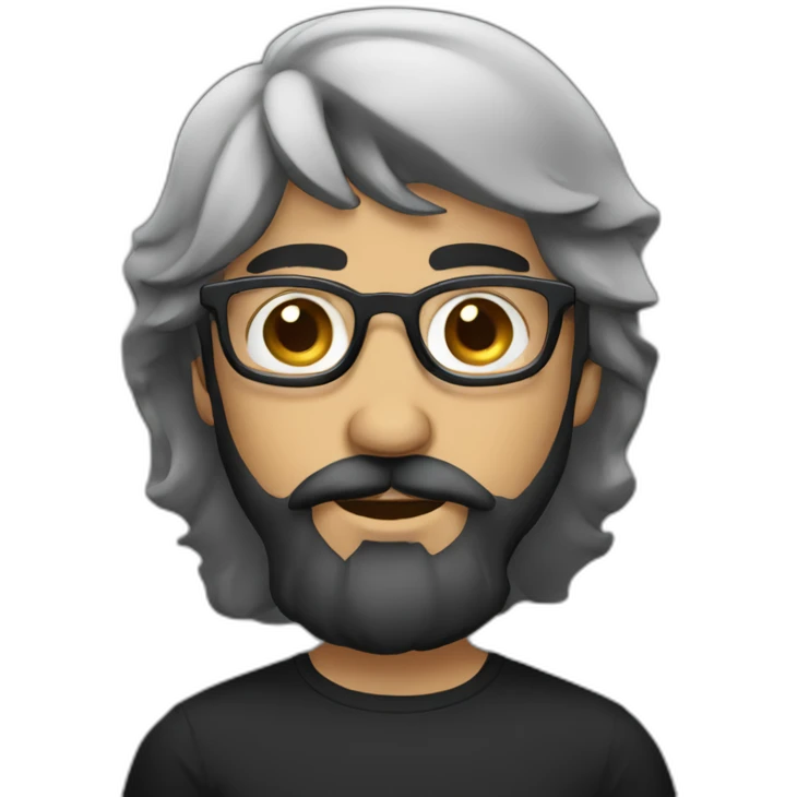 Black shirt, bearded middle eastern male with Turkish mustache, medium long hair and black rounded glasses  emoji