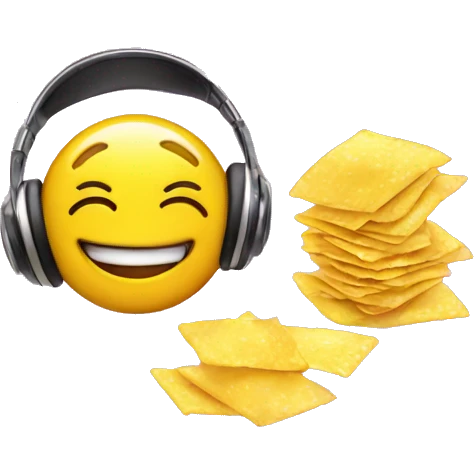 yellow smiley face with lash extensions and headphones blowing bubble gum and holding chips pack emoji