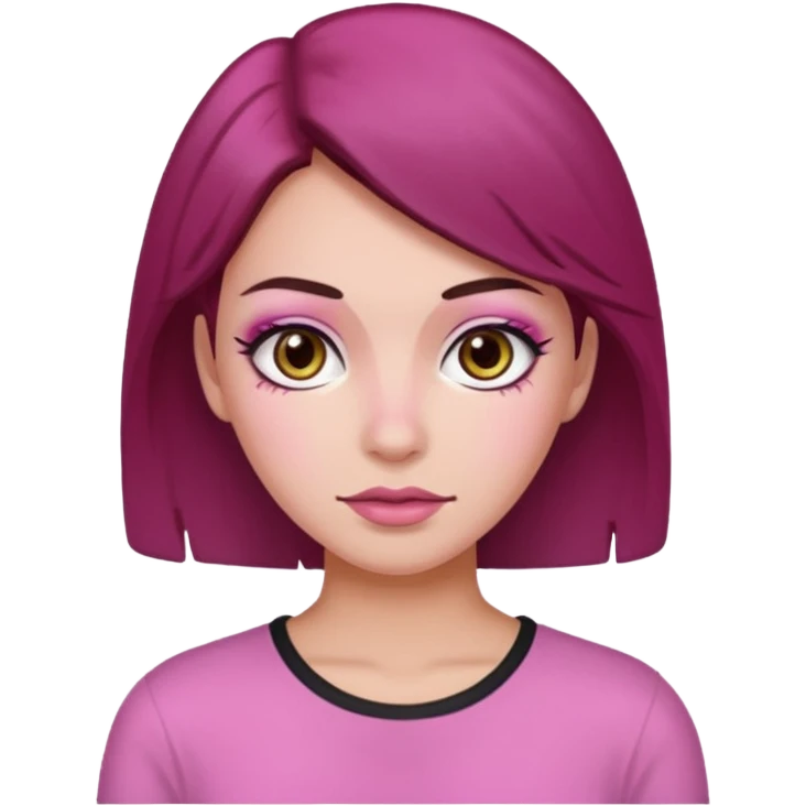 Woman with pink all skin, white background, dark brown hair and hazel eyes and brown eyebrows emoji