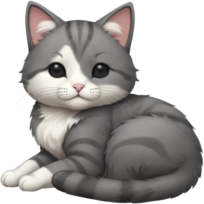 dark grey and white small cat with his eyes closed, leaning his head on his paw while leaning on his elbow lying down emoji