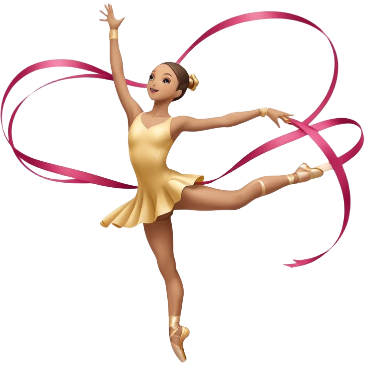 A graceful rhythmic gymnast performing with a flowing ribbon, executing an elegant leap mid-air. The pose exudes flexibility, balance, and artistry. The background suggests a competition arena with soft lighting, emphasizing movement, precision, and the beauty of the sport. emoji