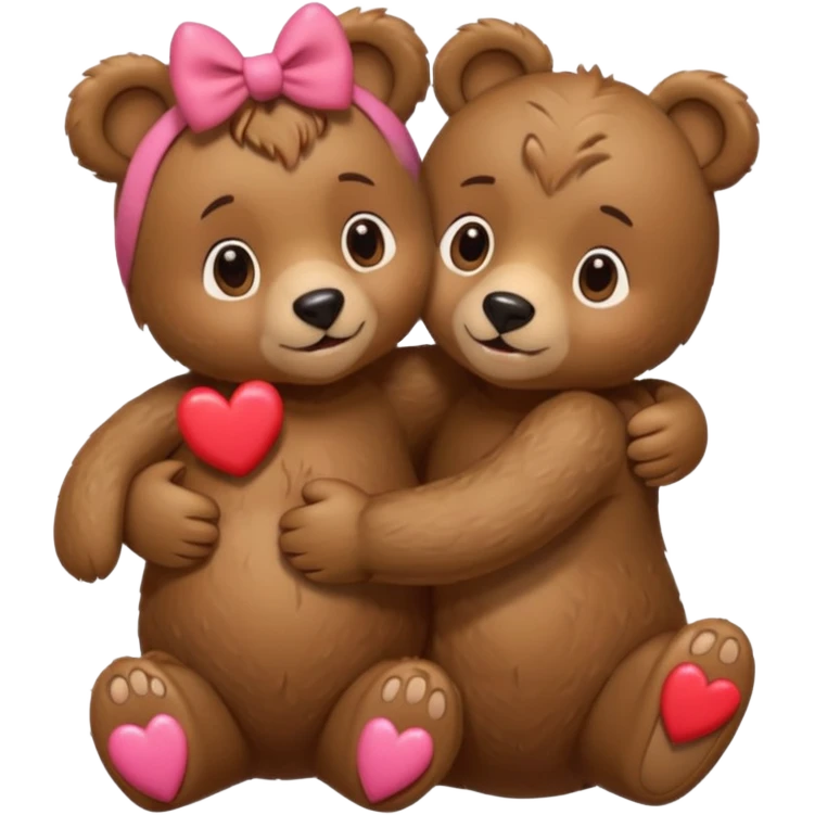 female bear with bow on her head and male bear hugging, couple, surrounded by hearts, playful and loving, cute, same height  emoji