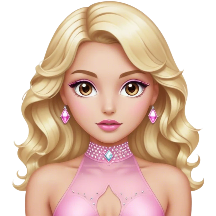 Luxury blonde model, brown eyes, sleek wavy hair, diamanté rhinestone covered pink bodysuit  emoji