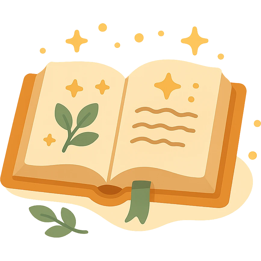 A cute open book lying on a cozy surface, designed in a soft and magical color palette: golden orange (FA9B41), deep forest green (4A7C5C), warm taupe brown (96775A), and pastel peach (FFCC9A). The pages are slightly aged with gentle curves, featuring whimsical illustrations, tiny stars, and elegant handwritten text. The book cover, visible beneath the open pages, has decorative patterns and a ribbon bookmark in peach and green tones. Around the book, add soft light, a few leaves, or glowing sparkles, creating a dreamy, enchanted, storybook-like atmosphere. The overall mood is warm, magical, and gentle emoji