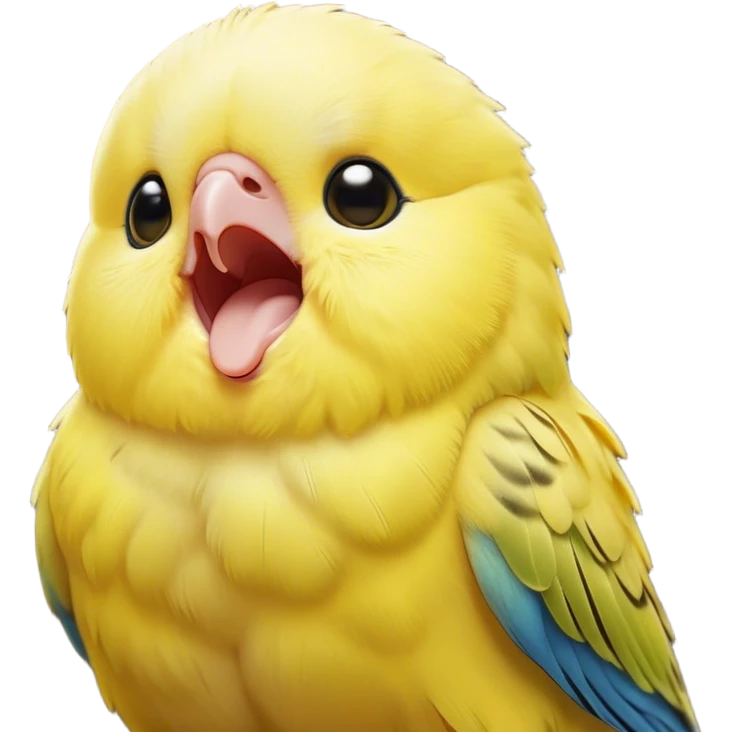 Cinematic Cute Yawning Yellow Budgie Portrait Emoji, Head tilted slightly with a dramatic, wide-open yawn, showcasing a soft, downy yellow feathered fur with gently drooping wings, round dark eyes barely open in drowsy contentment, Simplified yet irresistibly adorable features, highly detailed, glowing with a soft, cozy glow, high shine, relaxed yet expressive, stylized with a touch of whimsy, bright and endearing, soft glowing outline, capturing the essence of a sleepy yet affectionate budgie, so drowsy it feels like it could stretch out of the screen and curl up for a nap! emoji