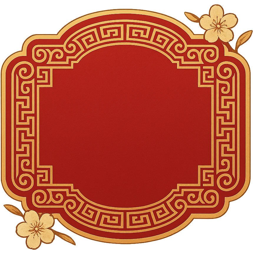 eastern style plaque for post signature, only red and gold colors, with traditional Chinese pattern, minimal peach blossom accent, no text, 512x256px emoji