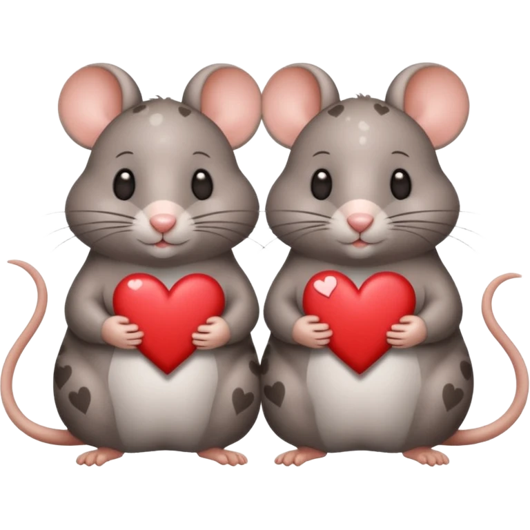 two fat little rats holding hearts one grey with white spots the other warm brown emoji