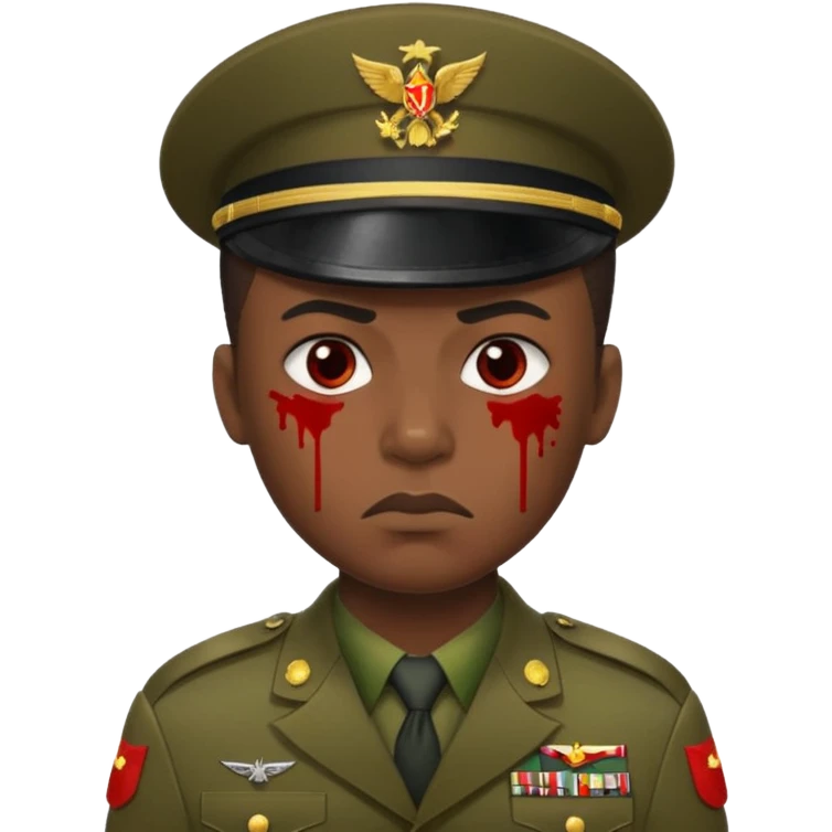soldier with dark Senegalese skin, scowling, blood splatter on left cheek, military uniform visible, Apple 2D emoji style emoji