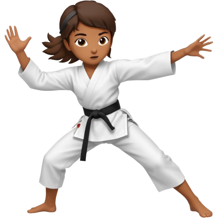 Ragazza castana che pratica karate, ha la cintura nera ed io tradizionale kimono bianco del karate, tira un calcio laterale oppure un pugno oppure è in posizione di guardia emoji