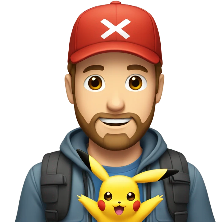 white man with brown hair and beard and a red cap, holding and a pikachu pokemon emoji