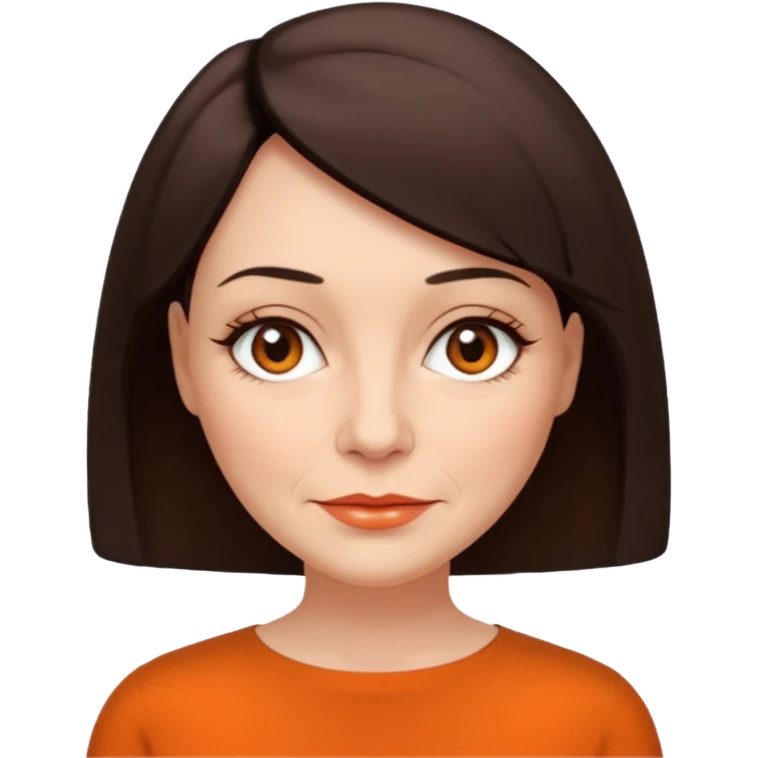 create an emoji of a woman. She has a few wrinkles, with a classic bob, dark brown hair, brown eyes, pale skin. she wears a an elegant orange top. emoji