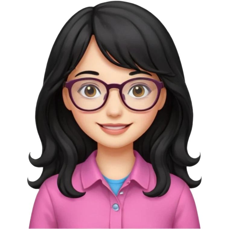 Please generate a portrait of a pretty girl with long, wavy, black hair. She's smiling. She also wears a middle parting and bangs. with glasses pink clothing emoji