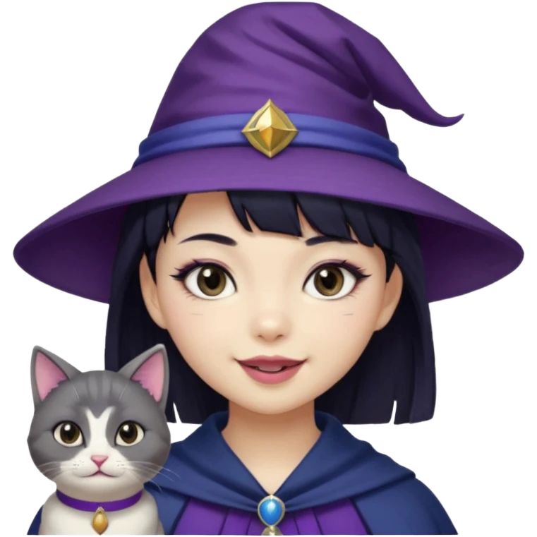 An Asian short-haired girl with short raven hair and bangs, with heterochromia eyes(her left eye is silver coloured and her right eye is dark brown coloured), cat-eyed eyeliner, and laughs with a tiny fang of mauve-toned lipstick, wears a dark navy wizard hat with an emblem on it. emoji