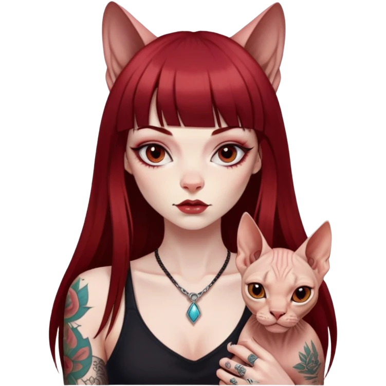 girl with long dark red straight bangs hair and tattoos and a Sphynx emoji
