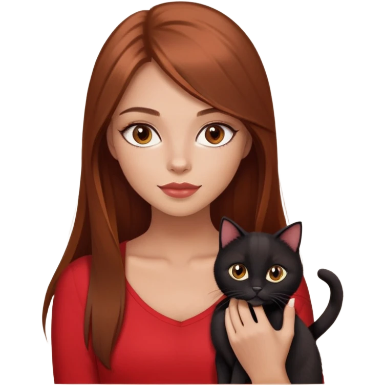 pretty girl, the girl has brown auburn hair, light skin but tanned a bit, hazel almond shaped eyes, long lashes and light make up, the girl has loose straight hair, and she’s wearing red top and holding black cat in her hands, the girl has red nails  emoji