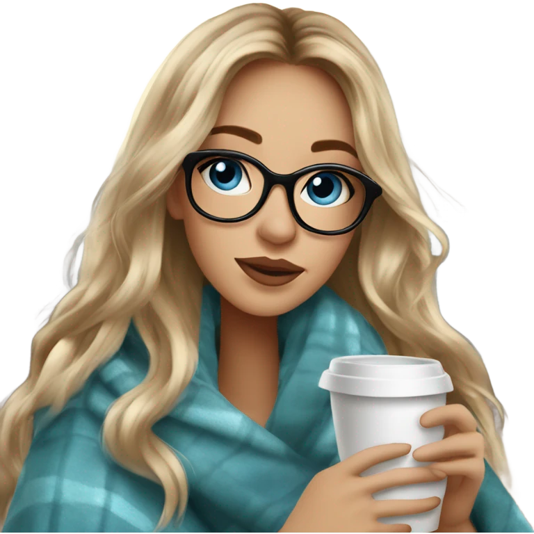 Balayage hair Girl drinking coffee, with a cozy blanket wearing glasses with blue eyes beautiful  emoji