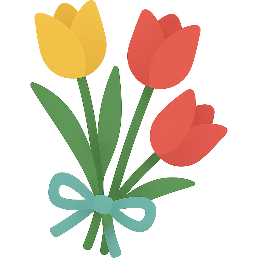 simple bouquet of tulips tied with a ribbon, flat modern icon style emoji