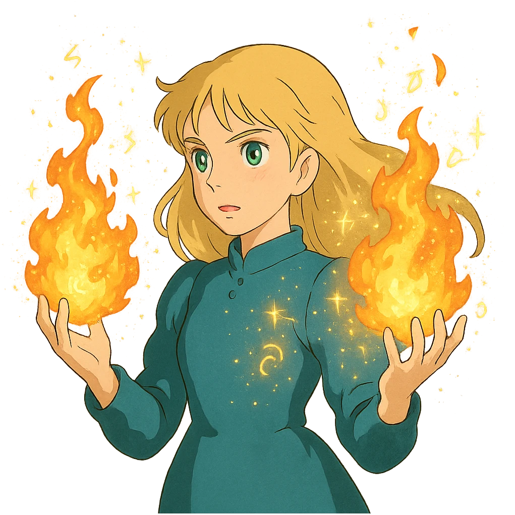 blonde woman with green eyes, fireballs in her hands, magical sparkles and glowing runes, ghibli style emoji