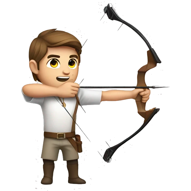 a male archer aiming with a bow looking at his target, wearing a white shirt, brown hair, bright skin, emoji