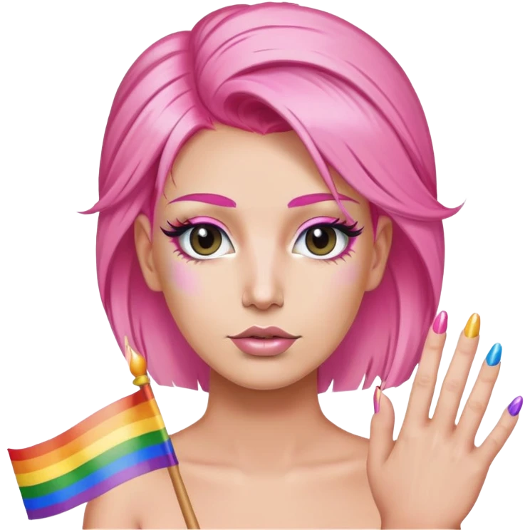 Donald trump with pink hair, long eyelashes, long nails, and a gay pride flag emoji
