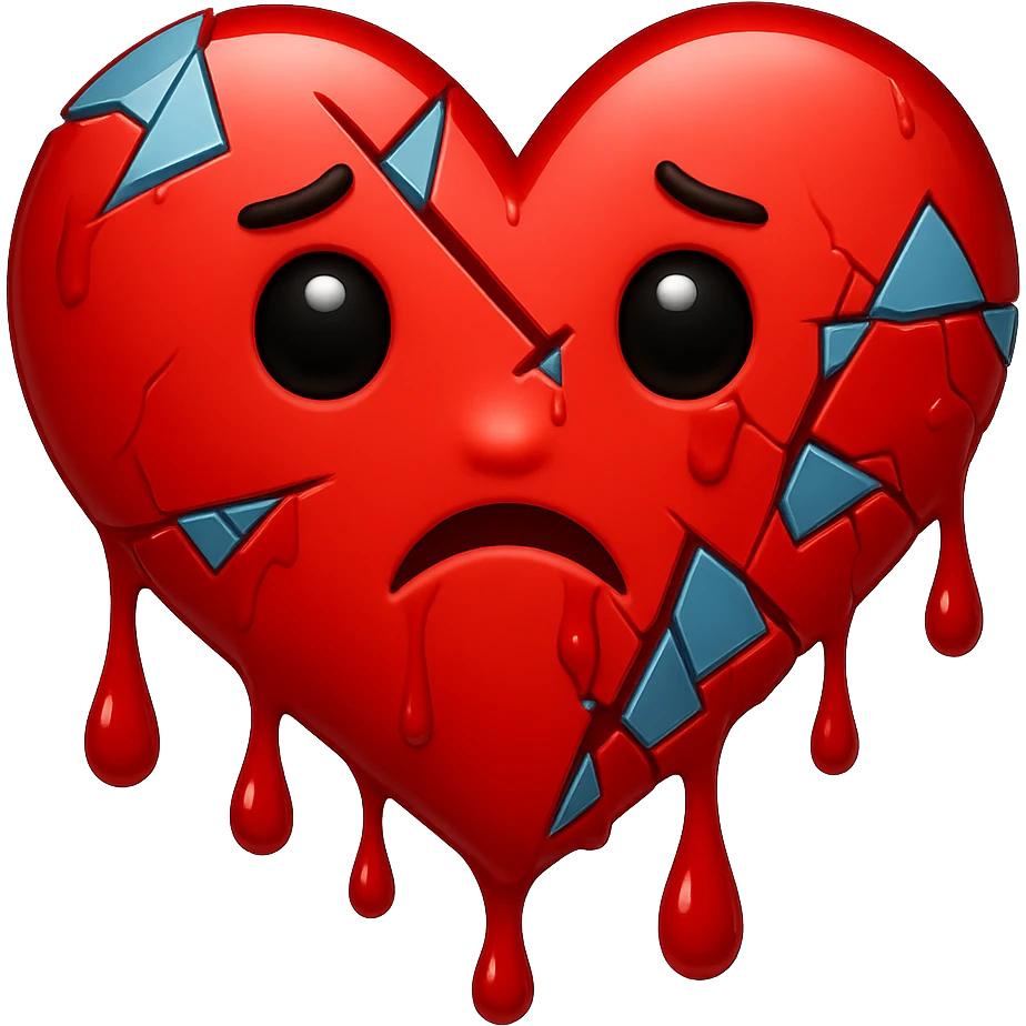 A shattered heart emoji, broken into many small, irregular fragments, conveying a feeling of heartbreak, dripping blood, in the style of Apple emoji. emoji