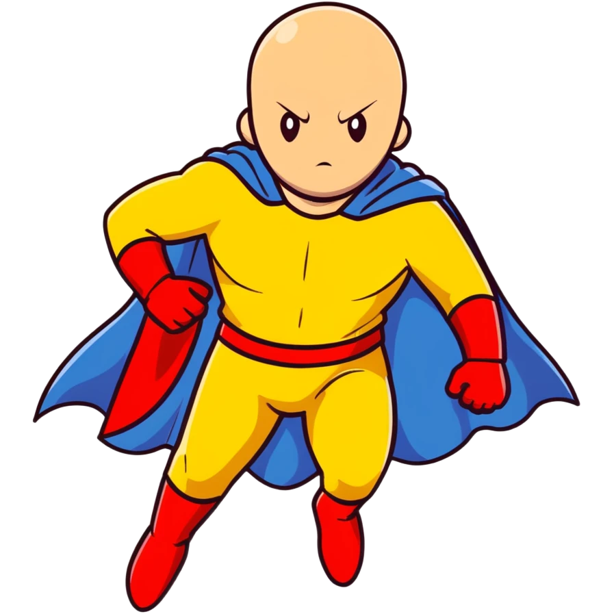 Saitama from One Punch Man, bald head, blank expression, yellow hero suit with white cape, red gloves emoji
