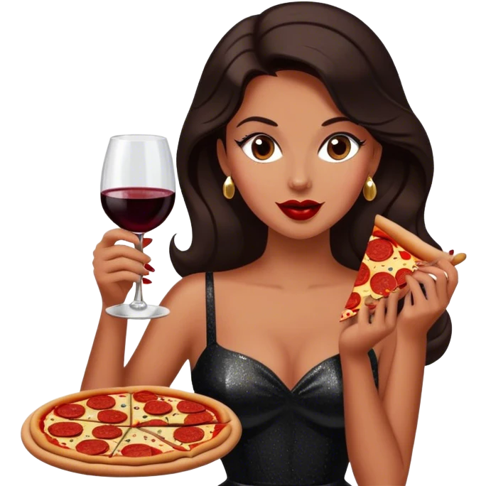 Beautiful woman in 1950’s woman fashion look, black shimmery dress, long dark brown hair, red wine, Pepperoni pizza emoji