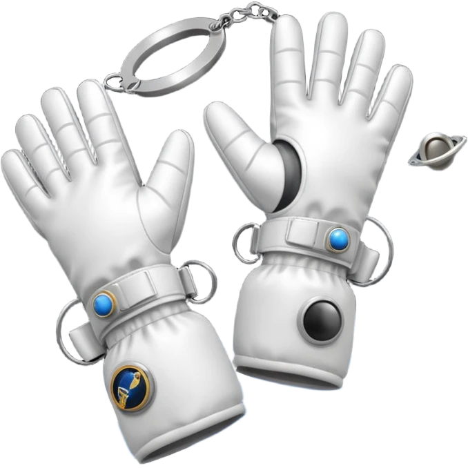 white pressurized astronaut gloves with metal wrist rings floating in space, 3D emoji style emoji