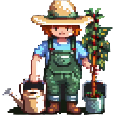 gardener character with straw hat, watering can, and gardening tools emoji