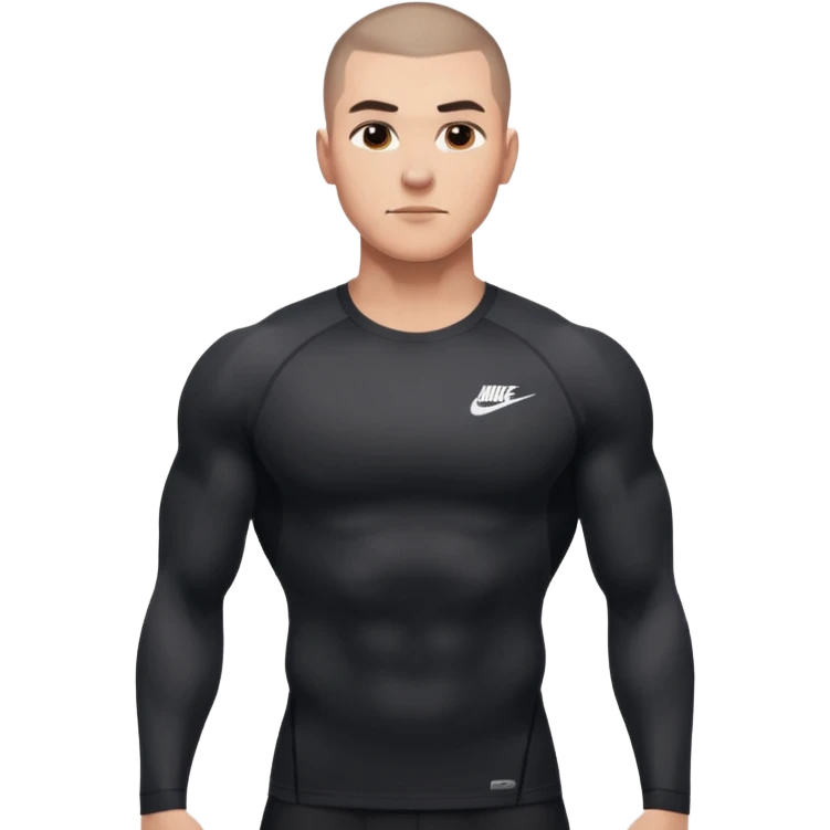 Big muscle man shouting , buzzcut hair, waering compress black shirt nike emoji