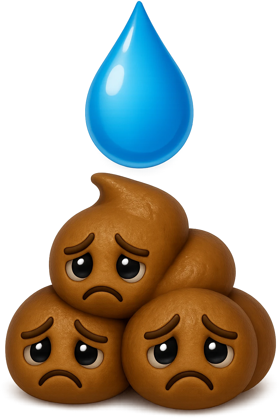 emoji stile iphone di una montagnetta di feci umane realistiche a palline tristi con sopra un simbolo delle gocce di acqua, iperrealistico 4k emoji