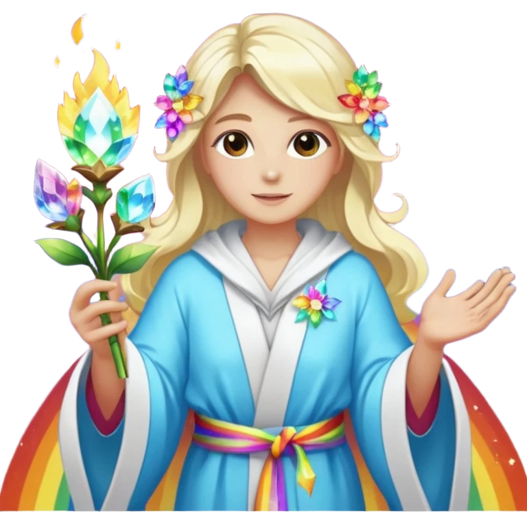 a being made of light of light with a robe on made of light and who is lanky holding a bouquet of crystal flowers on rainbow fire emoji