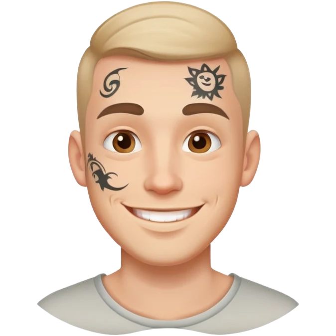 white man with small face tattoo, smiling emoji