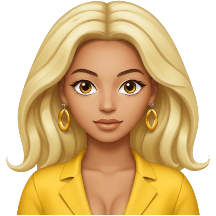 Beyonce brown eyes, long platinum blonde hair, yellow outfit with earrings emoji
