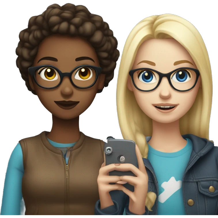 blonde girl with glasses and blue eyes posing with brunette girl fir a selfie emoji