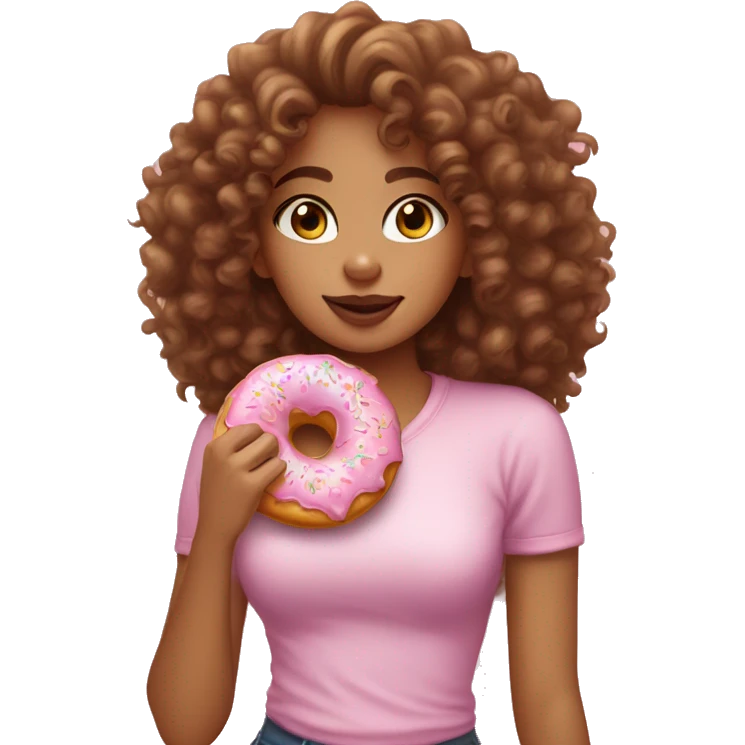A lightskin girl with curly hair eating a pink frosted donut with sprinkles  emoji